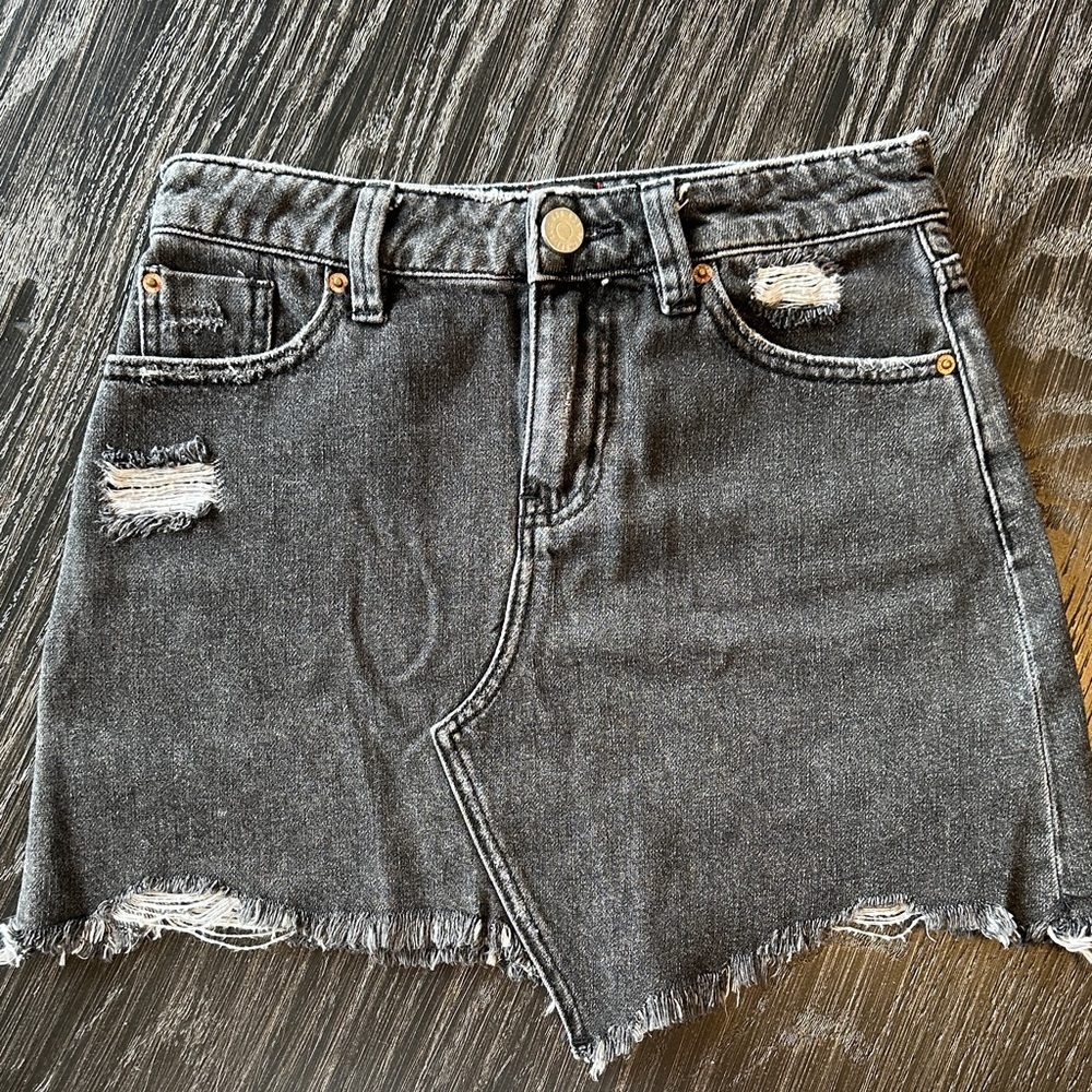 BDG Black Denim 100% Cotton Asymmetrical Distressed 13”Mini Skirt, XS/27